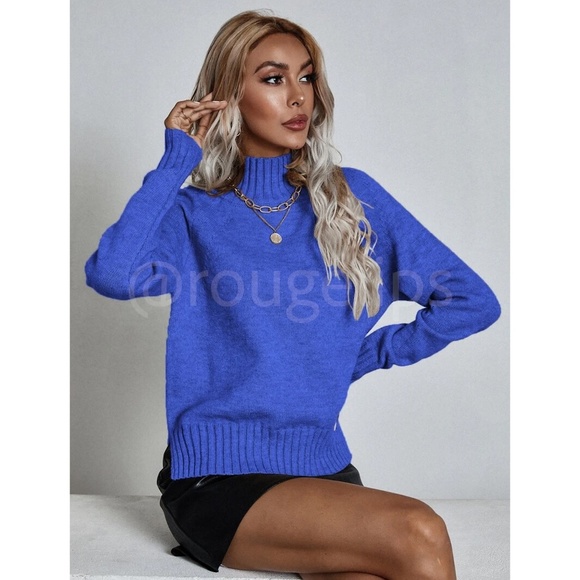 Royal Blue Knit Turtleneck Pullover Sweater Long Sleeve Side Slits - Picture 2 of 10